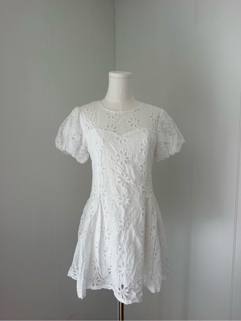 White Floral Eyelet Puff-Sleeve Mini Dress